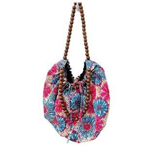 Boho Floral Bucket Bag Wooden Bead Strap Festival Indie Hippie Purse Tote